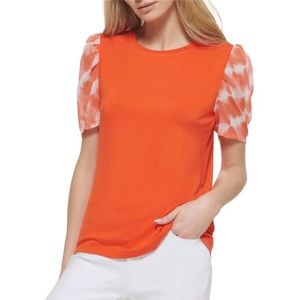 DKNY Mixed Media Crew Neck Printed Puff Sleeve Top Orange size S